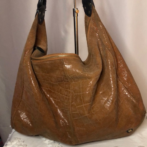 LOLA BERNARD MODENA burnt Orange croc embossed leather/suede shoulder handbag. - Picture 3 of 16